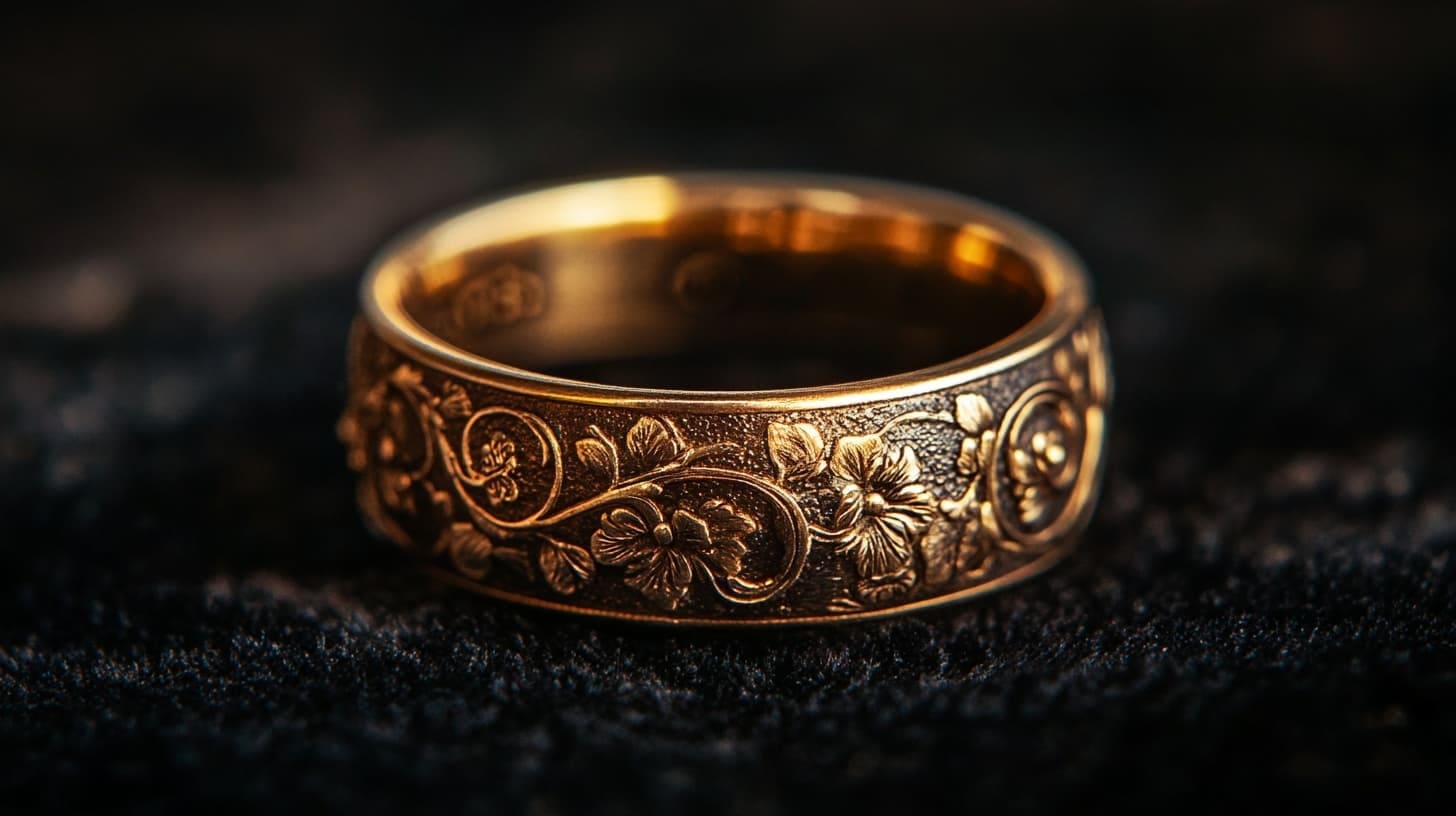 Wide brass band ring embossed with flowers and vines on dark fabric