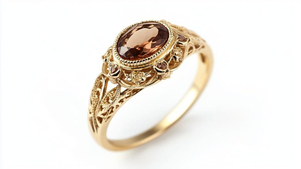 Ornate gold ring showcasing a faceted Andalusite gemstone with rich reddish-brown hues and intricate floral detailing.