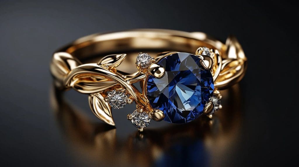 A detailed gold ring with a large blue gemstone and intricate floral design, perfect for special occasions.