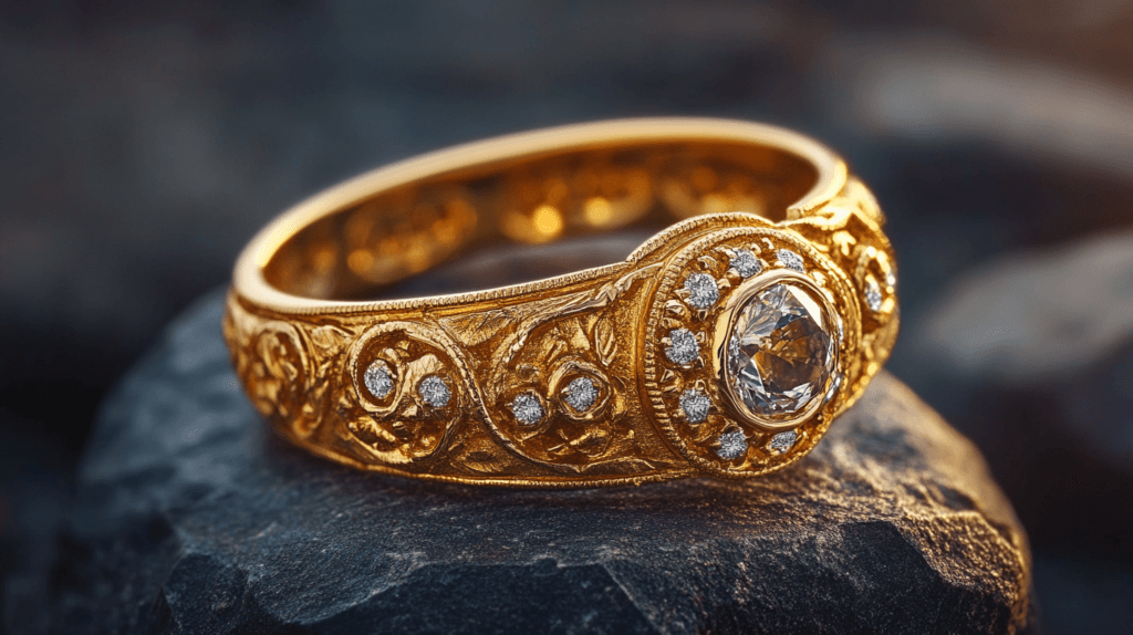 Ornate gold ring featuring a central diamond and intricate designs, showcasing high-quality gold craftsmanship.