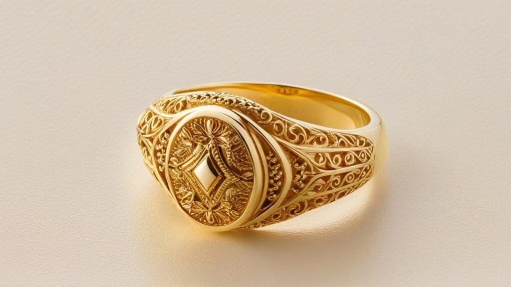 Ornate gold vermeil signet ring with intricate engraved details and a vintage-inspired design.
