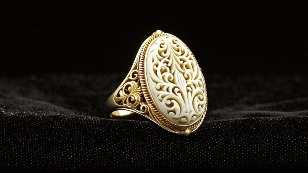 Ornate antique ring featuring a carved ivory centerpiece set in an intricate gold frame