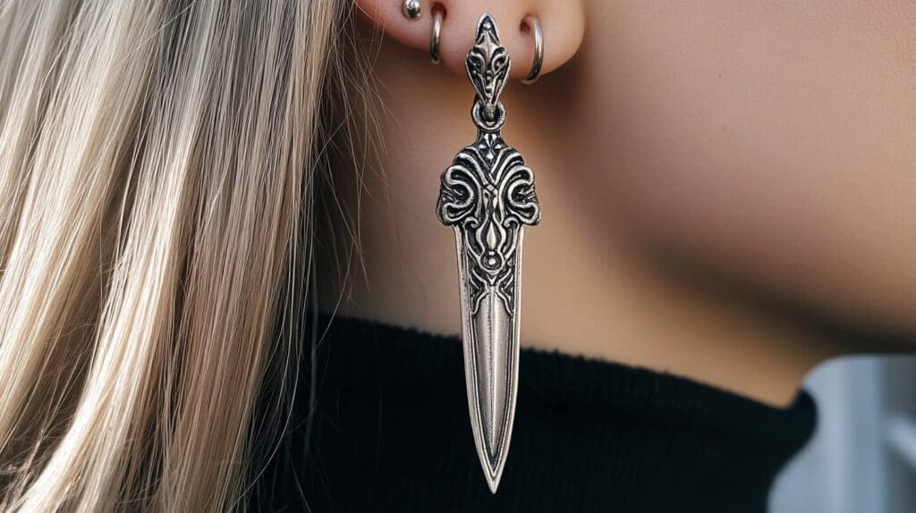 Close-up of ornate silver dagger earrings with intricate design worn by a person, symbolizing strength and protection in jewelry.