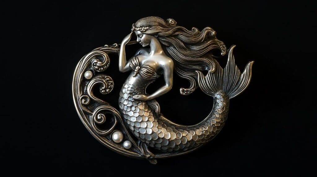 An intricately designed silver mermaid brooch adorned with swirling patterns and pearl embellishments, reflecting vintage maritime elegance.