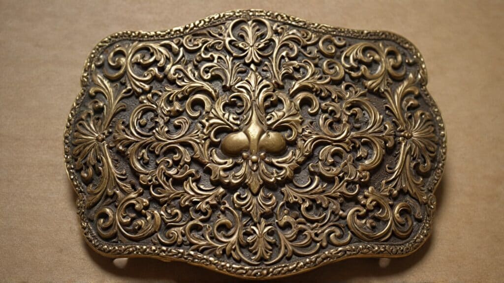 Ornate Victorian era Pinchbeck belt buckle with elaborate floral scrollwork design in golden brass showing aged patina typical of 18th century copper-zinc alloy jewelry