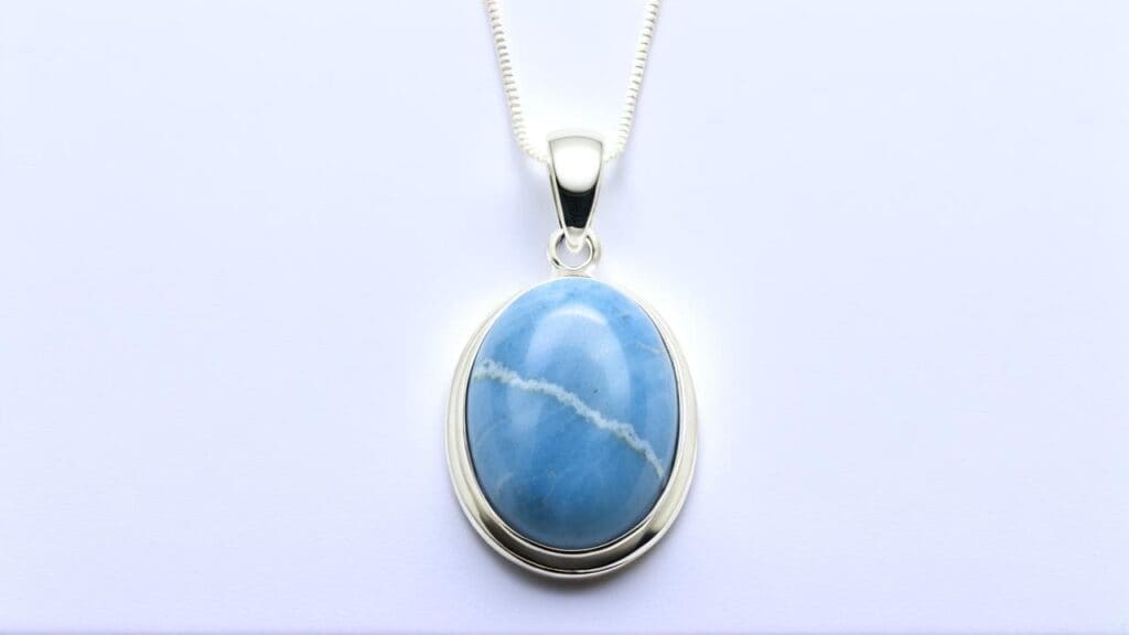 Oval Angelite gemstone pendant with visible white veining, set in a silver bezel on a delicate chain