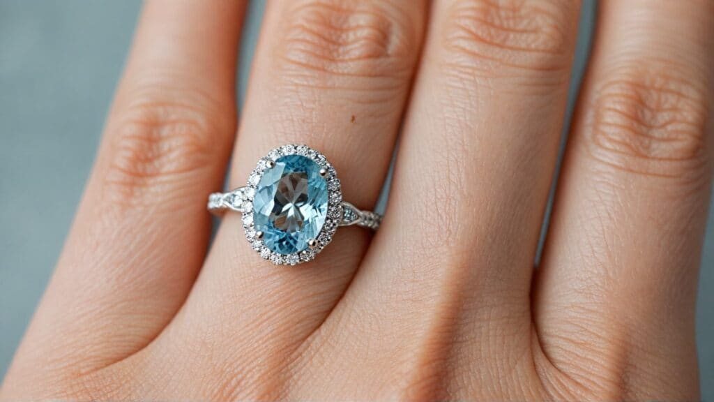 A timeless oval-cut aquamarine engagement ring with a sparkling diamond halo, elegantly displayed on a hand.