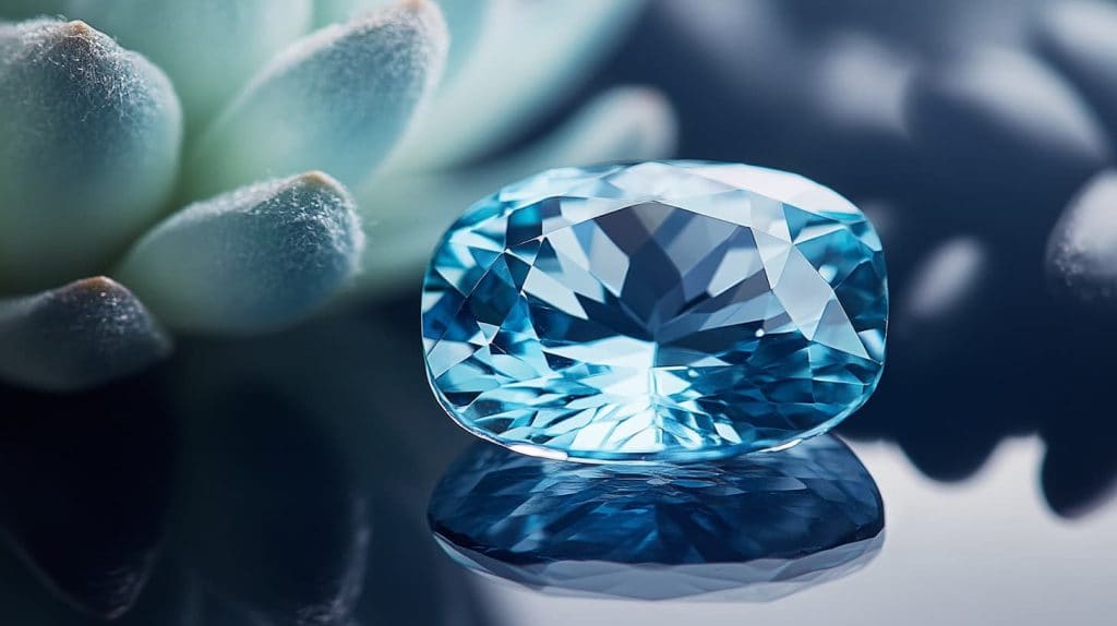 Oval-shaped aquamarine gemstone with vivid blue hues, displayed against a blurred succulent plant background.
