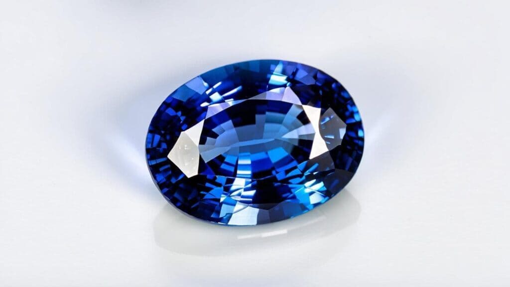 An oval-cut blue sapphire gemstone with deep blue hues, potentially enhanced through acid treatment to remove iron staining.