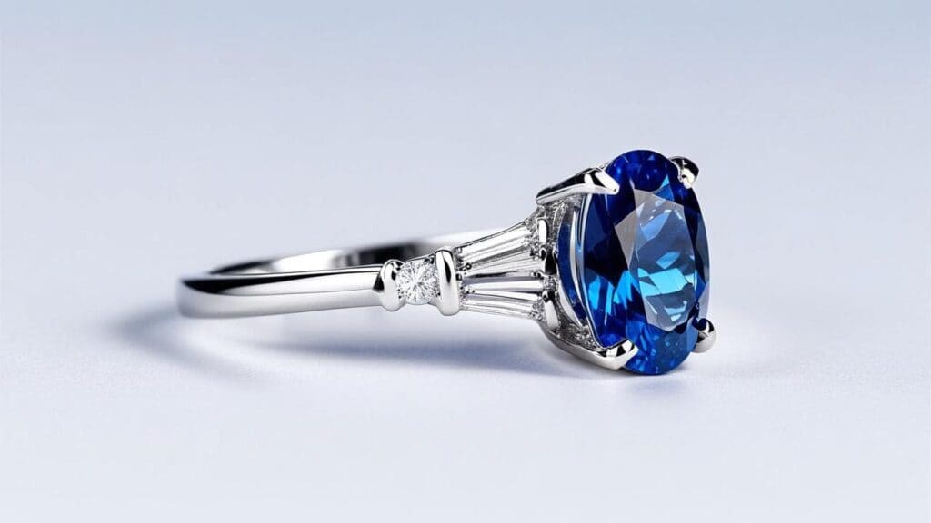 Oval blue spinel engagement ring in white gold with tapered diamond accents