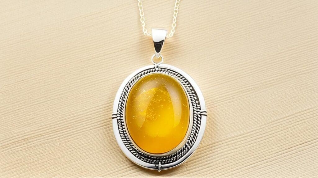Oval-shaped yellow copal pendant in a detailed silver setting, showcasing the natural glow of semi-fossilized resin