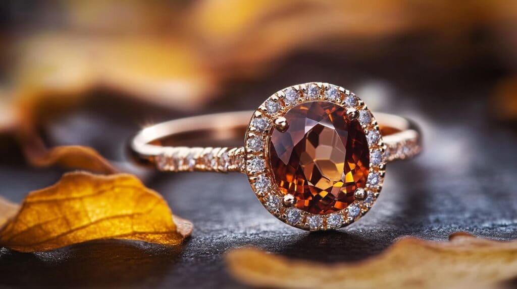 Stunning oval-cut Axinite ring with a diamond halo setting in a rose gold band, placed on a dark surface with golden leaves in the background.