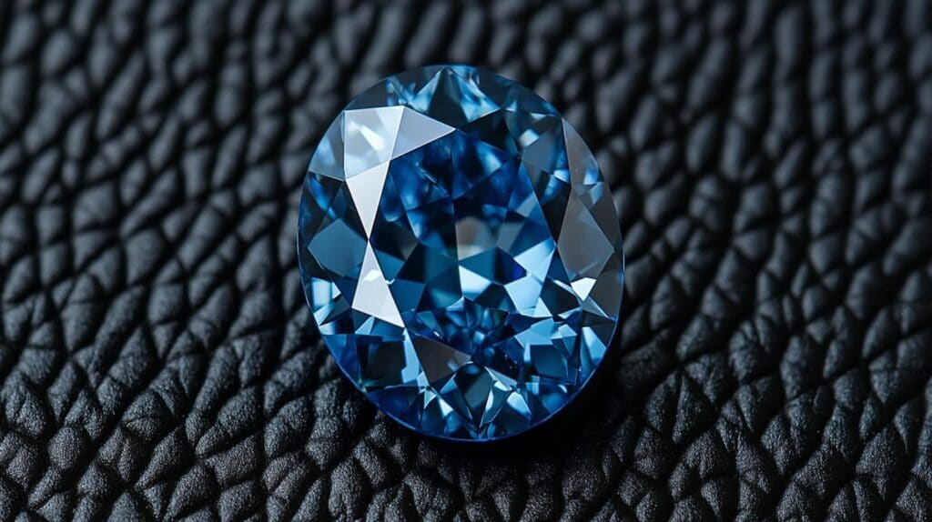 An oval-cut blue diamond with deep ocean hues placed on a textured black leather surface, highlighting its brilliance and clarity.