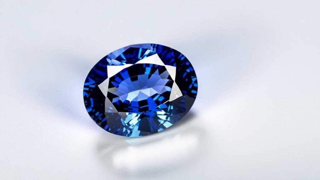 Oval-cut blue sapphire gemstone with deep color and brilliant facets, placed on a white surface.