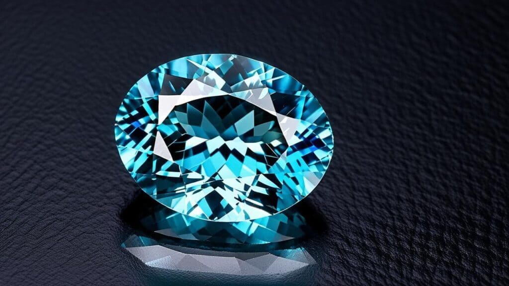 Oval-cut Swiss Blue Topaz gemstone with high brilliance displayed on a dark textured surface