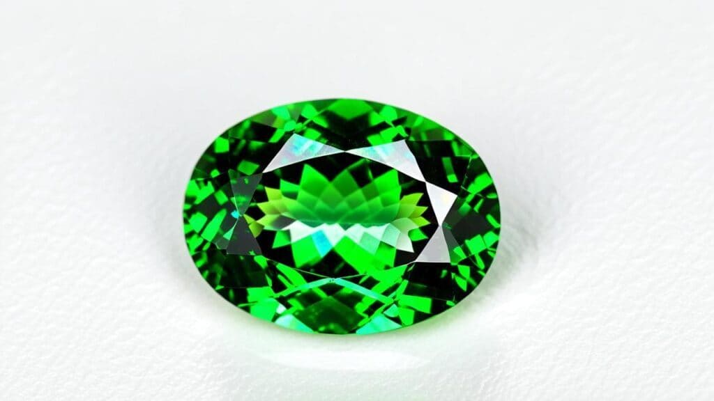 Oval-cut chrome diopside gemstone displaying rich forest-green color and symmetrical faceting on a white surface.