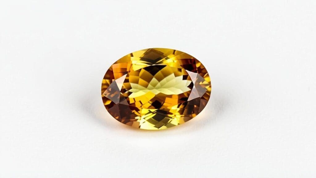 Faceted oval-cut citrine gemstone featuring rich golden-yellow and amber tones on a white background