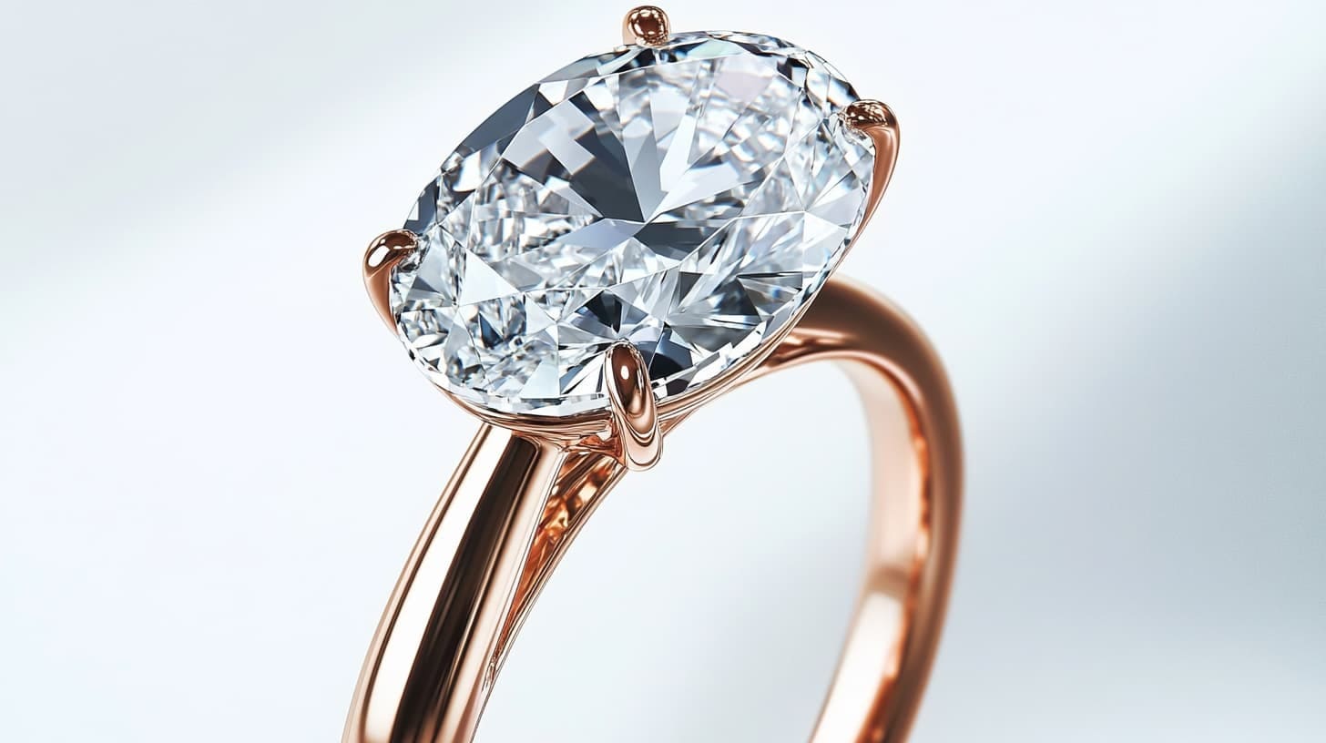 Rose gold solitaire ring with a large oval diamond set horizontally