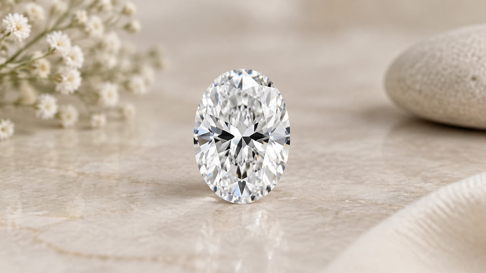 Close-up of an oval cut diamond showing its 58-facet pattern