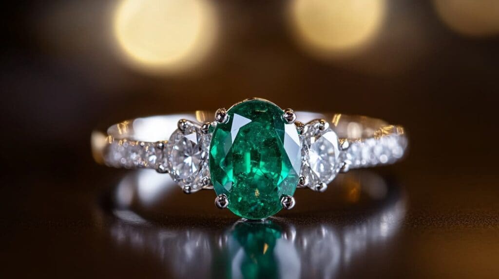 Elegant oval-cut emerald and diamond three-stone engagement ring set in white gold, featuring brilliant side stones for added sparkle.