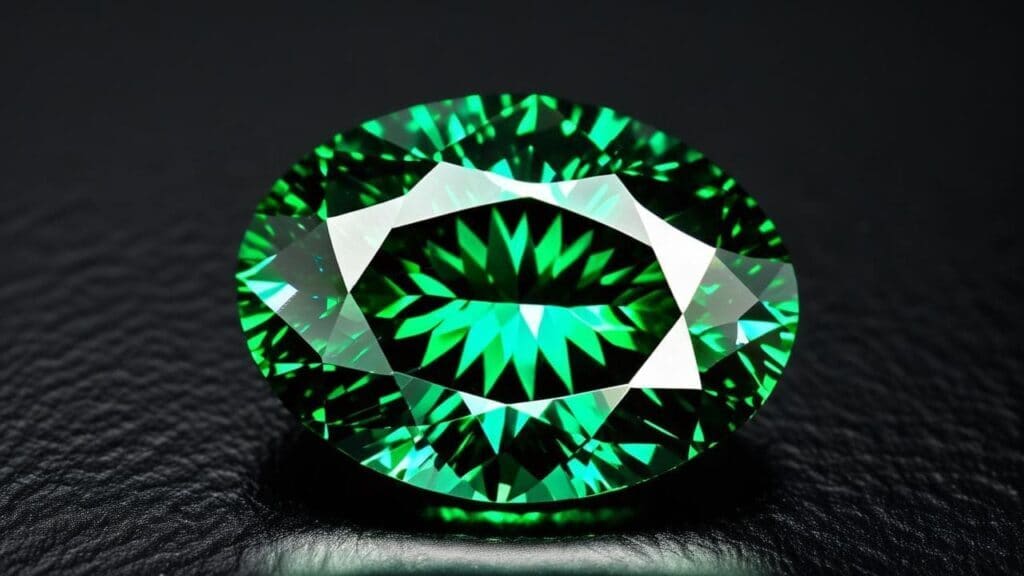 Oval-cut vivid green diamond with intense color and symmetrical sparkle on a black textured surface