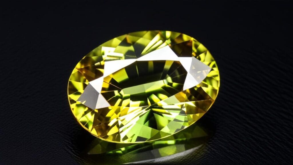 A stunning oval-cut yellow-green chrysoberyl gemstone with sharp facets and high transparency, set against a dark reflective surface.
