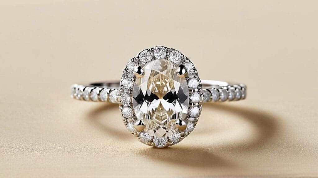 Close-up of oval-cut diamond engagement ring with halo setting and accent stones on band