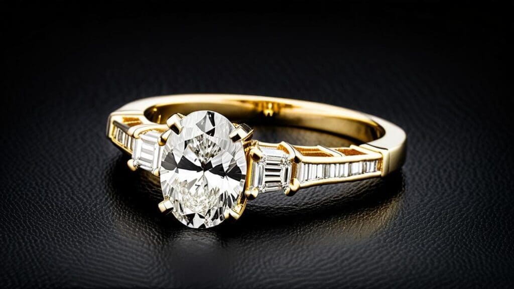Elegant oval diamond engagement ring in yellow gold featuring baguette-cut side stones and a tapered band.