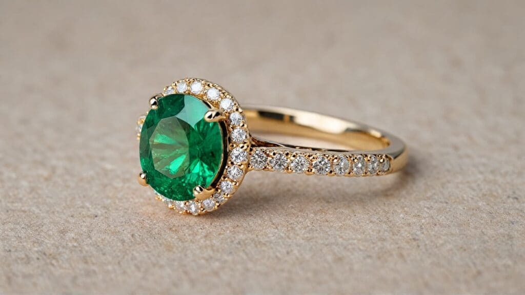 An elegant oval-cut emerald engagement ring in a yellow gold halo setting, adorned with sparkling diamonds for a timeless and luxurious look.