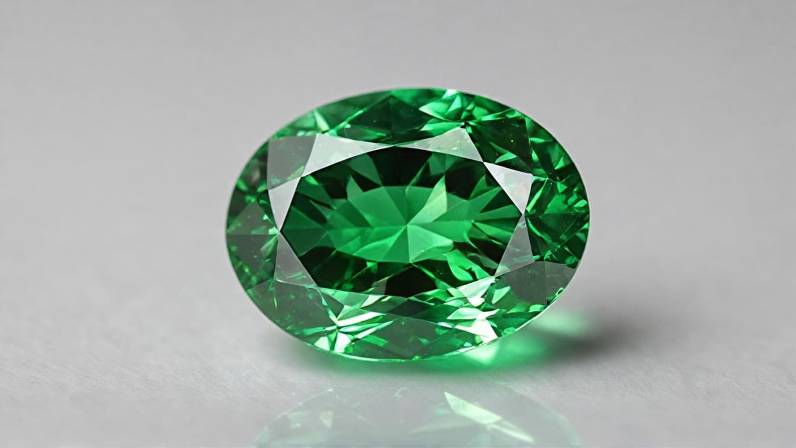 Oval faceted tsavorite garnet in vivid green on a pale grey background