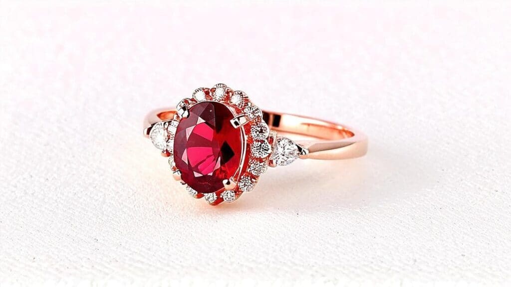 Oval red spinel engagement ring with diamond halo in rose gold setting on white background