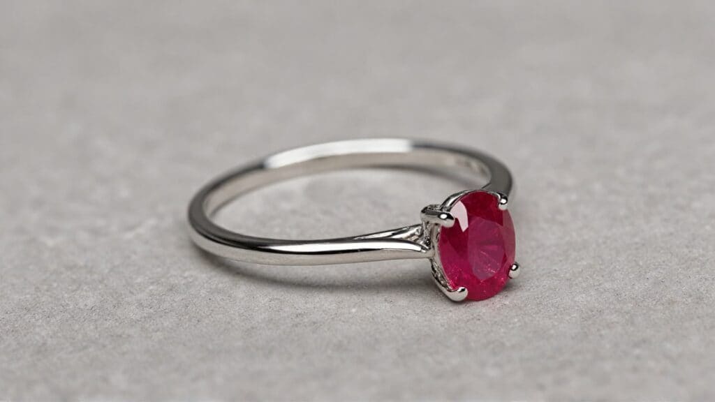 A classic oval ruby engagement ring in a simple white gold solitaire setting, highlighting the gemstone’s rich red hue against a neutral background.