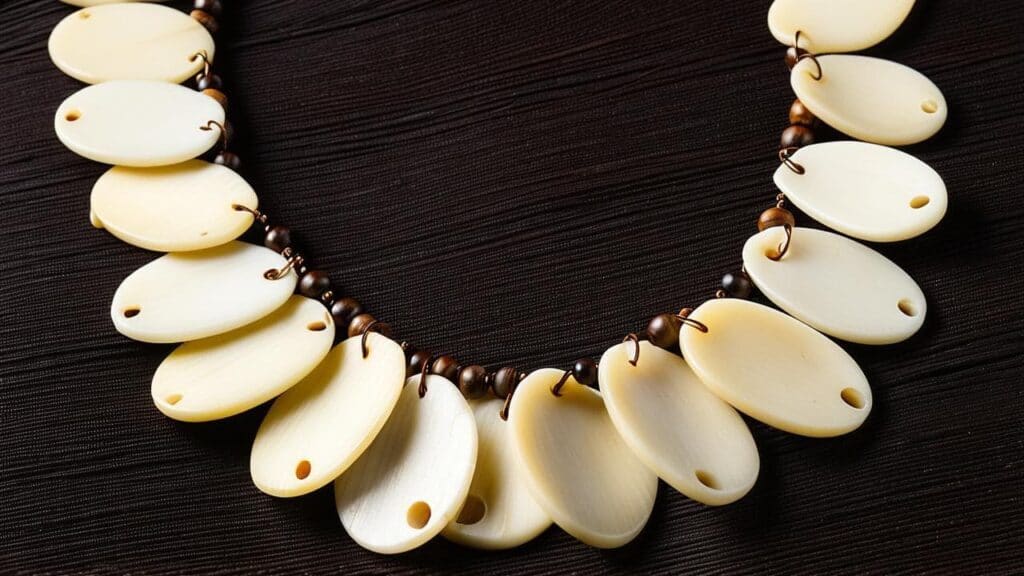 Handcrafted necklace made from oval tagua nut slices and wooden beads, a natural ivory alternative