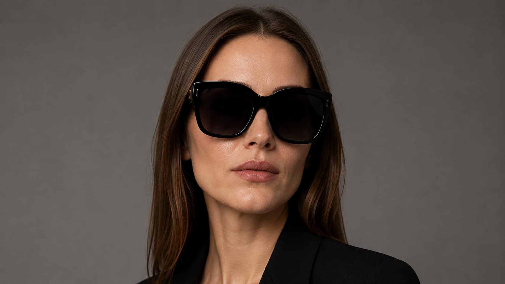 Woman wearing oversized square sunglasses with gradient lenses