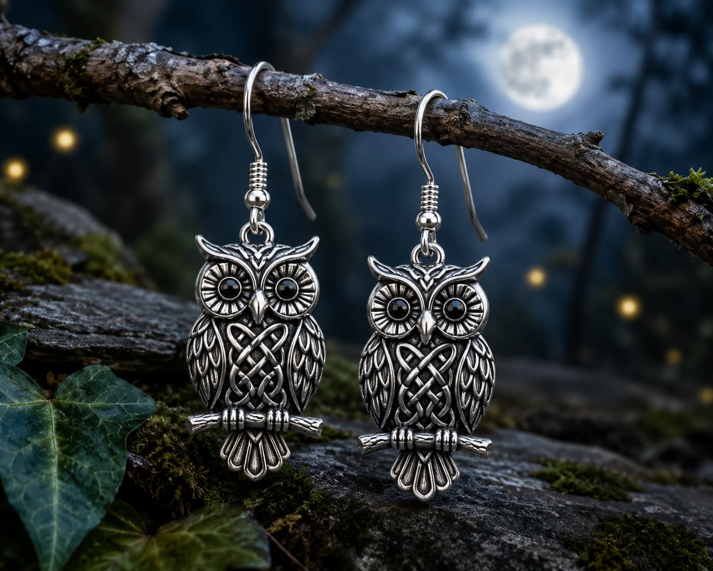 Silver owl earrings with Celtic knot detailing hanging from a branch at night