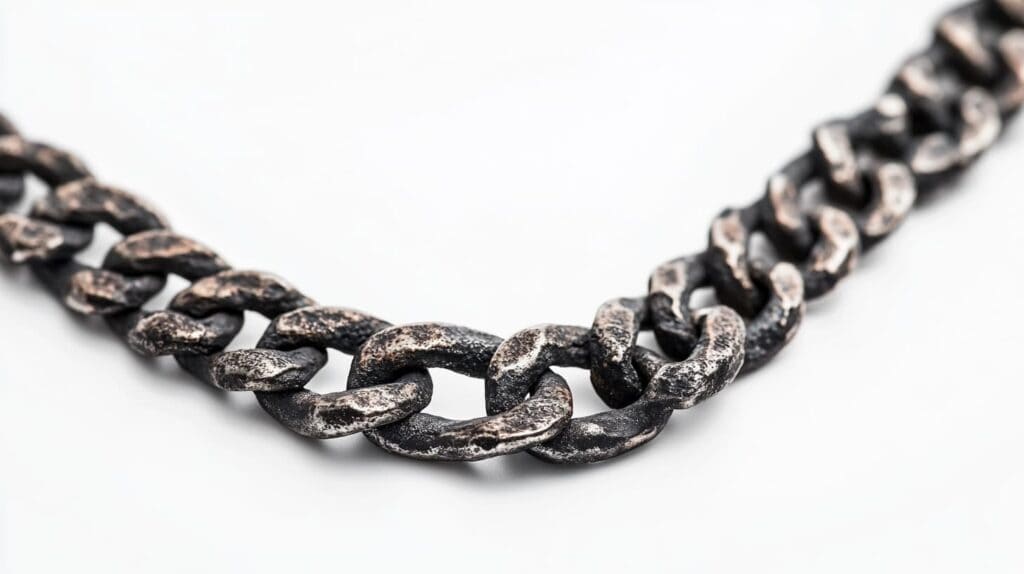 Heavily oxidized silver chain with visible tarnish, showing the effects of prolonged exposure to humidity.