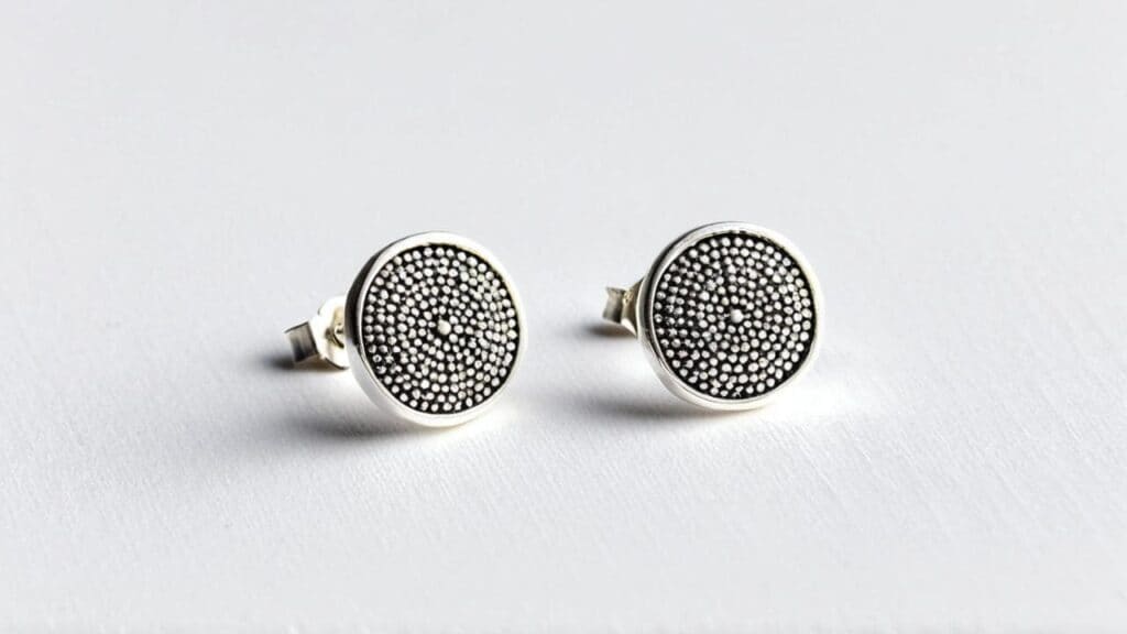 Pair of oxidized sterling silver stud earrings with detailed dot texture design