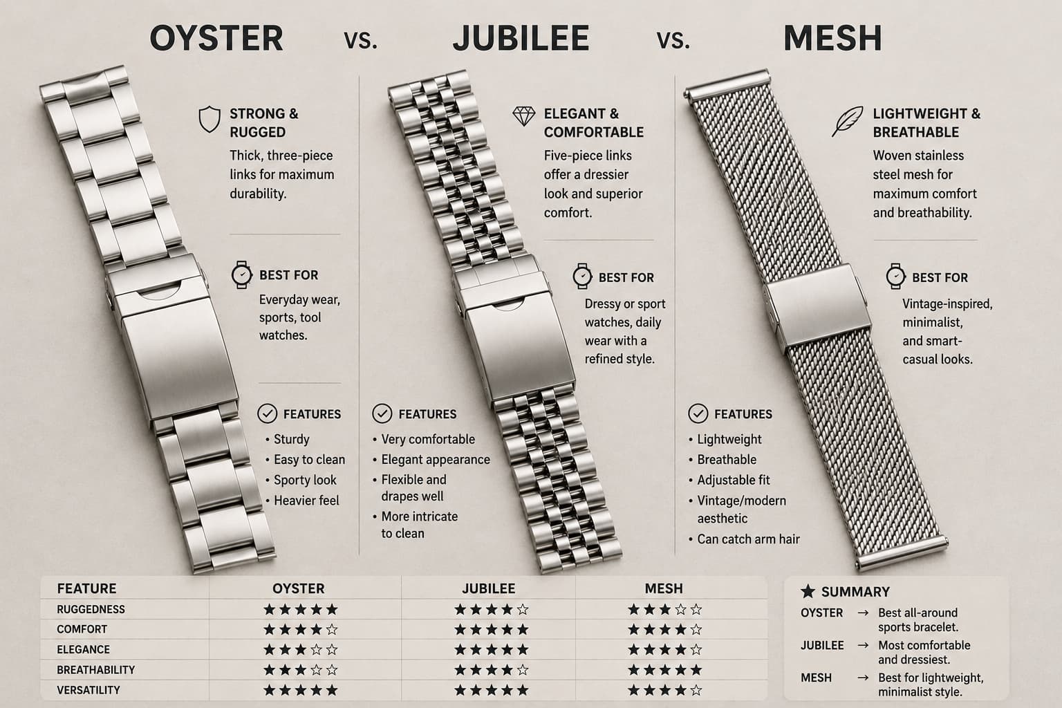 Comparison chart of Oyster, Jubilee, and mesh watch bracelet features and ratings
