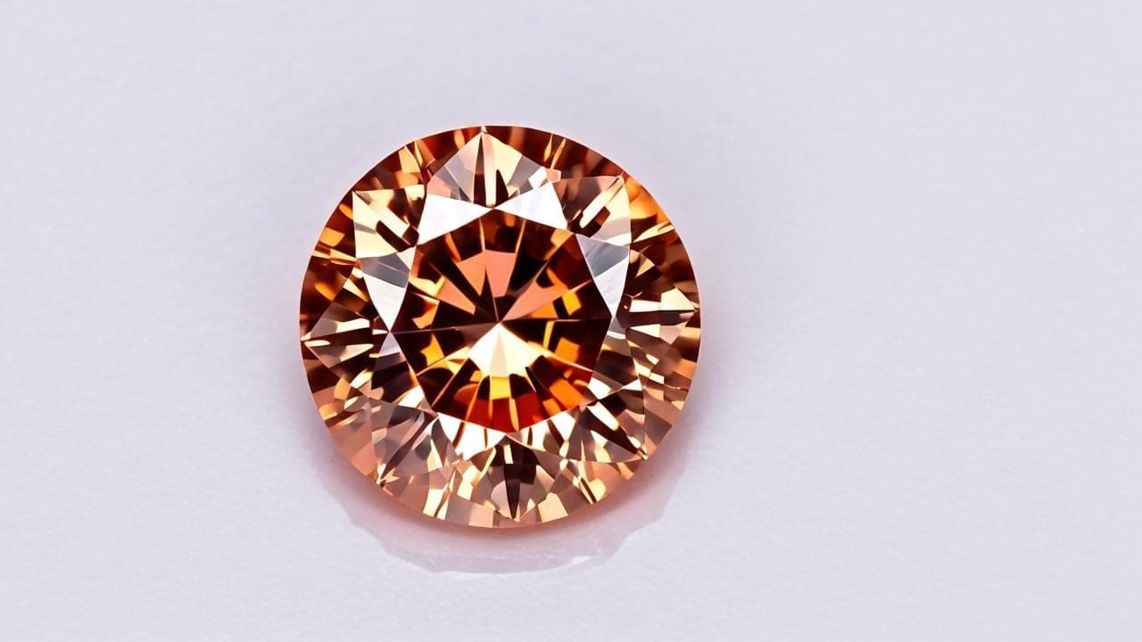 Round padparadscha sapphire with pinkish-orange sparkle on white
