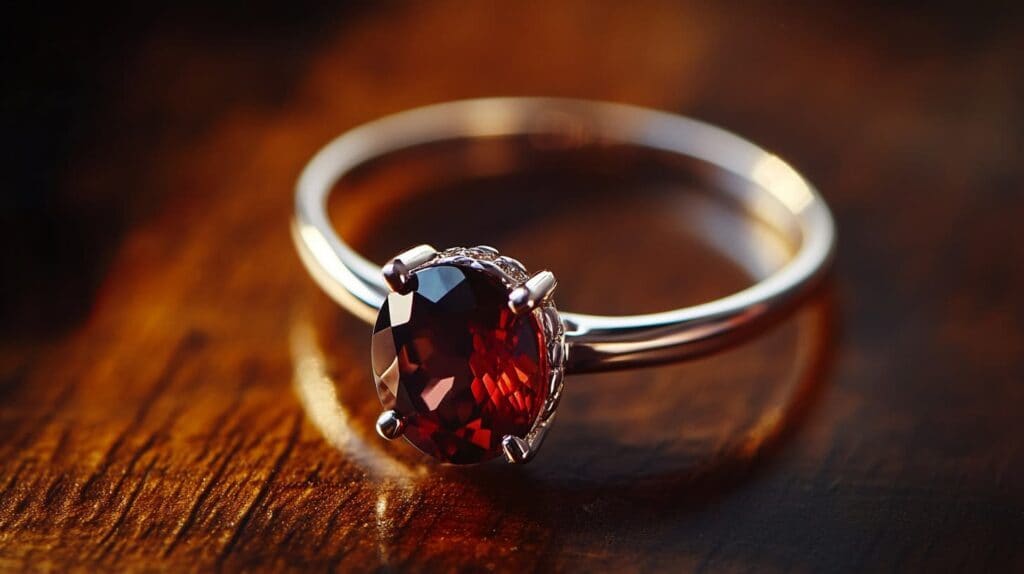 A stunning solitaire Painite engagement ring set in silver, featuring an oval-cut gemstone with a rich reddish-brown tone.