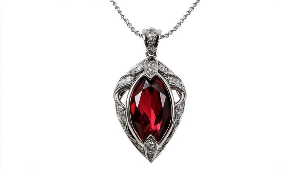 Elegant marquise-cut Painite pendant necklace with intricate silver detailing and diamond accents, highlighting the gemstone’s rich red color.