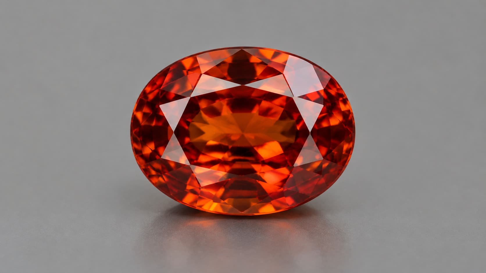 Faceted orange-red painite gemstone on a neutral gray background