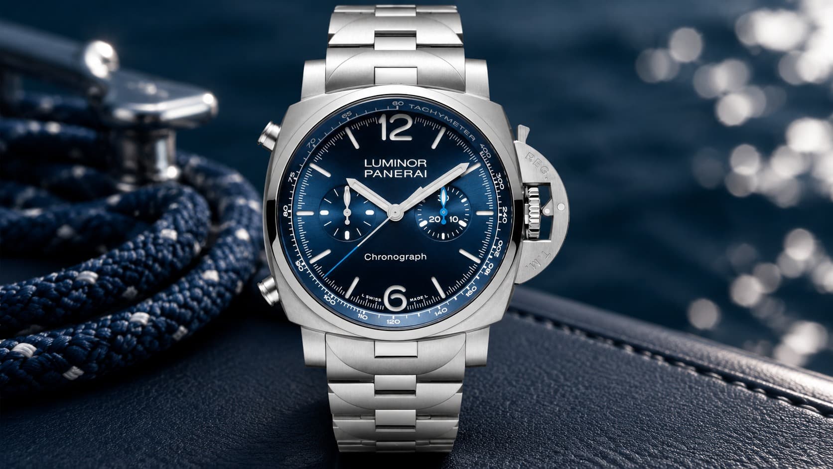 Panerai Luminor Chronograph with blue dial and steel bracelet