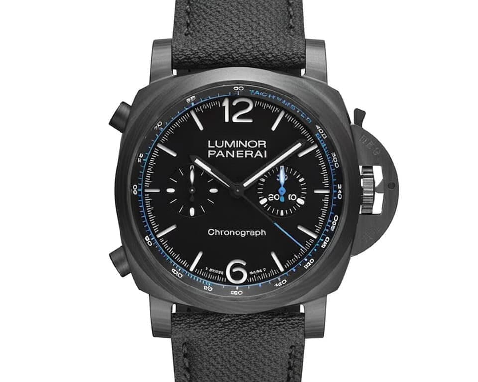 Panerai Luminor Chronograph with black DLC case, tachymeter bezel, dual chronograph subdials and black leather strap showcasing sporty Italian design