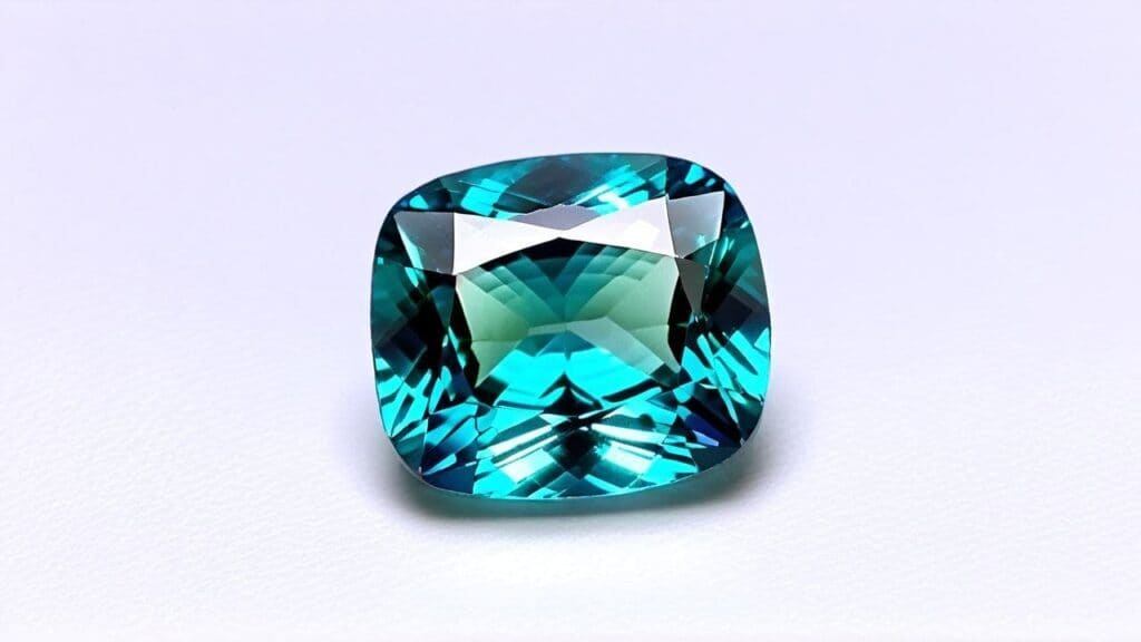 Faceted Paraiba tourmaline gemstone with intense neon blue-green color and exceptional clarity.