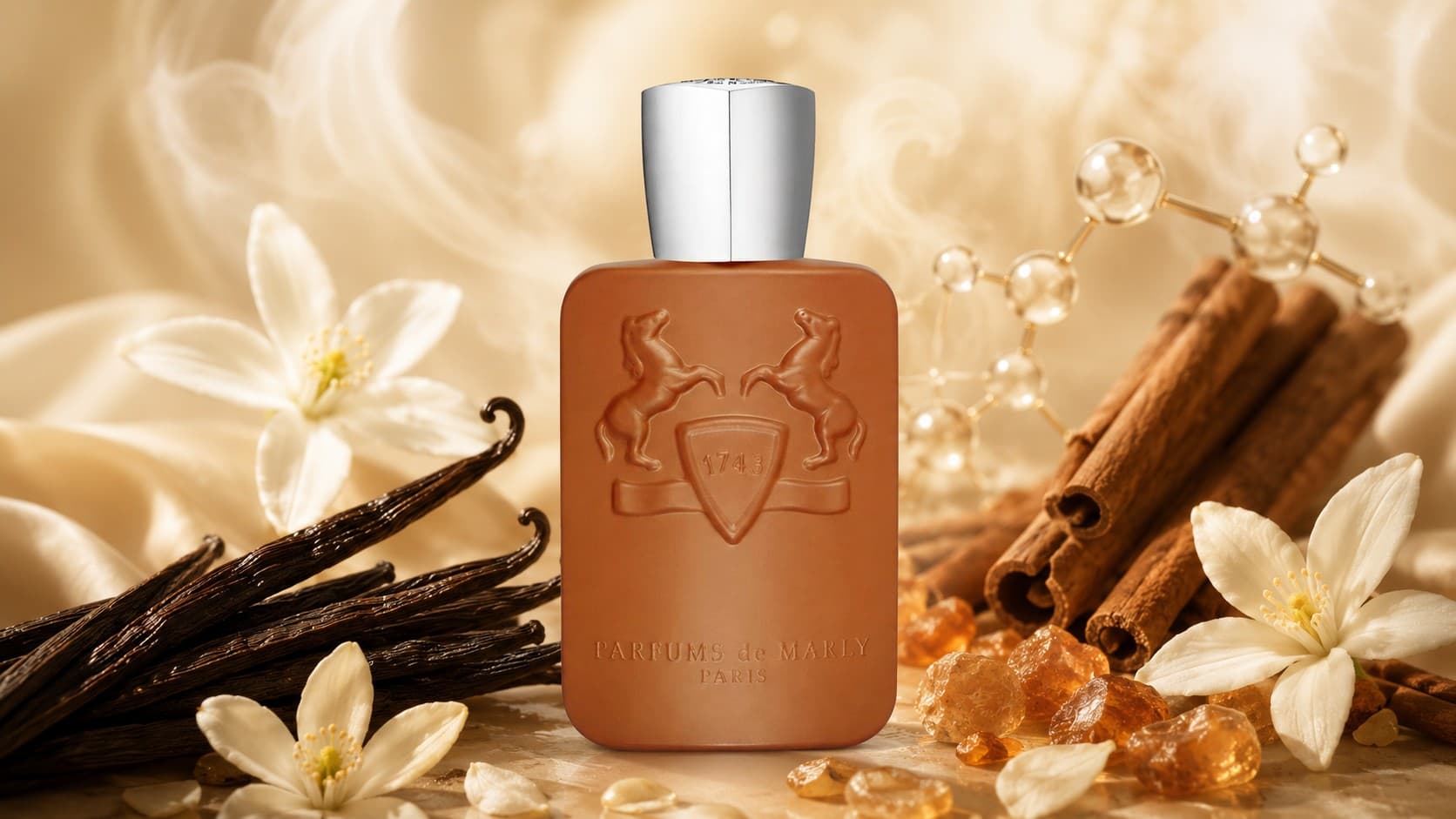 Parfums de Marly Althaïr fragrance bottle with vanilla pods and orange blossom