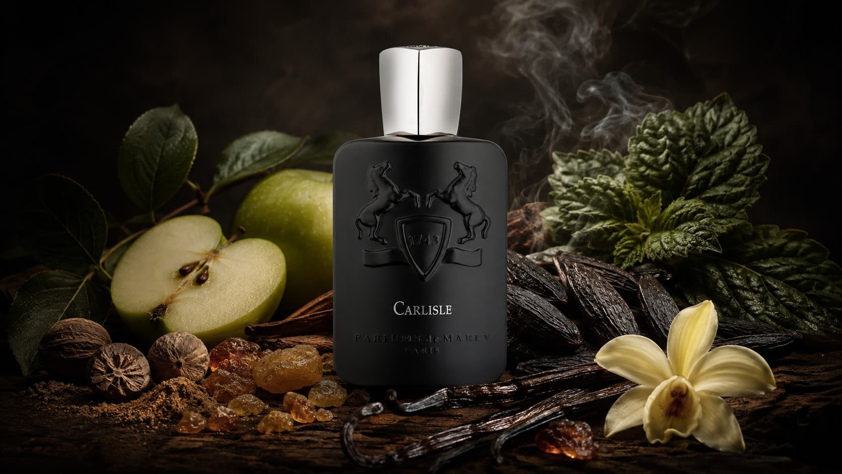 Parfums de Marly Carlisle fragrance bottle with green apples, nutmeg, and vanilla pods