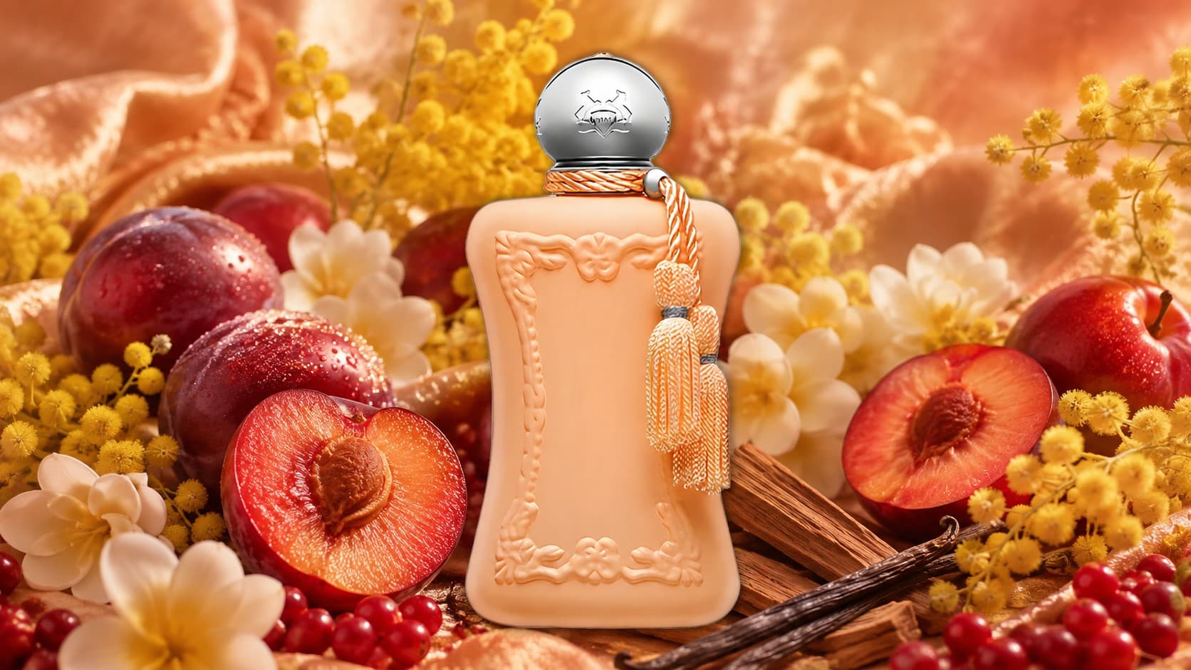 Parfums de Marly Cassili fragrance bottle with plums, mimosa, and red berries