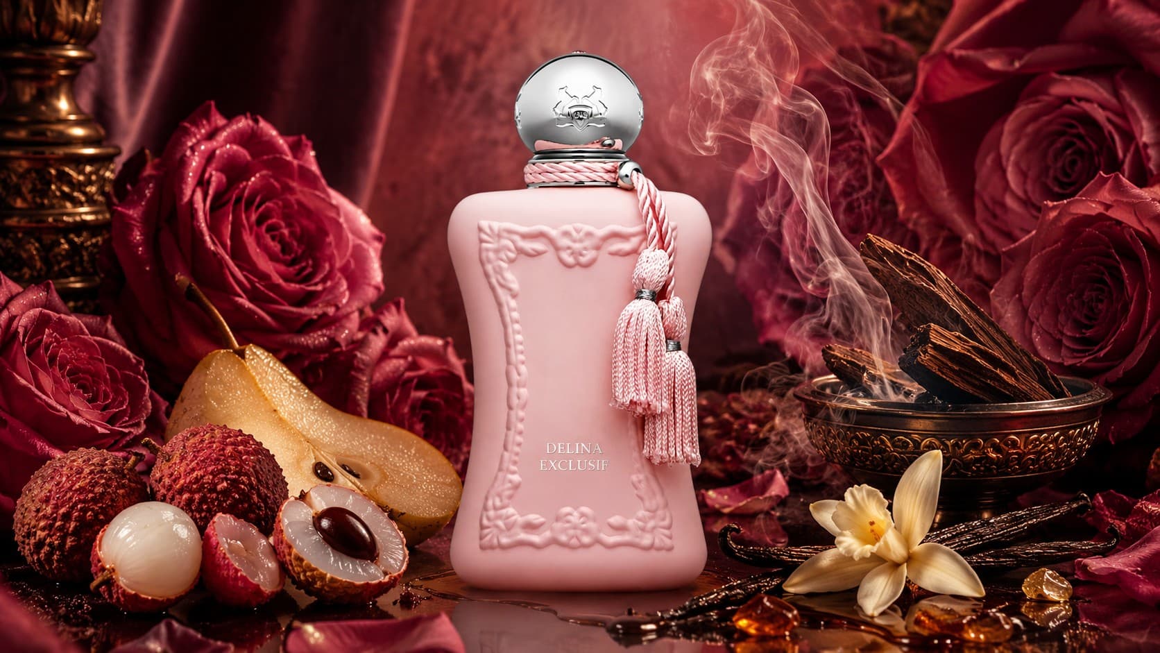 Parfums de Marly Delina Exclusif fragrance bottle with roses, pear, and incense