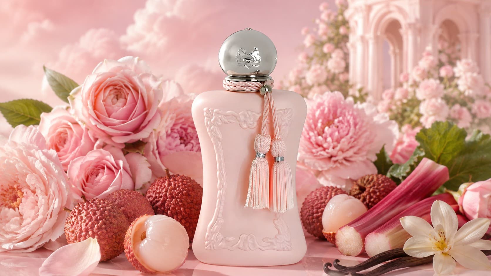 Parfums de Marly Delina fragrance bottle with Turkish roses, lychee, and rhubarb